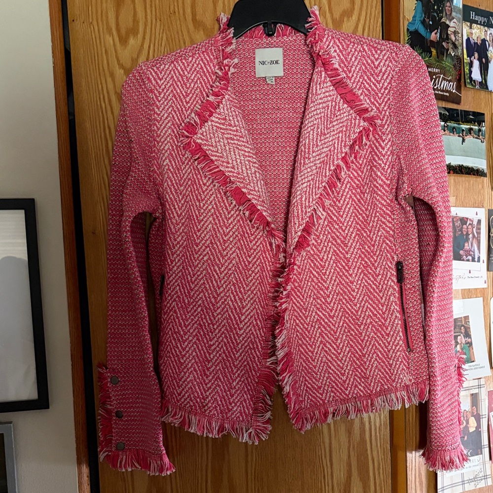 NWOT $198 NIC+ZOE Pink Tweed Fringe Knit Open Front Jacket. Size Small Petite - Picture 11 of 11